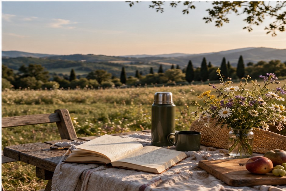 An open book, thermos and wildflowers on a countryside picnic table at golden hour.