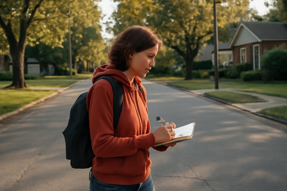 Person walking down a quiet neighborhood street with a small notebook