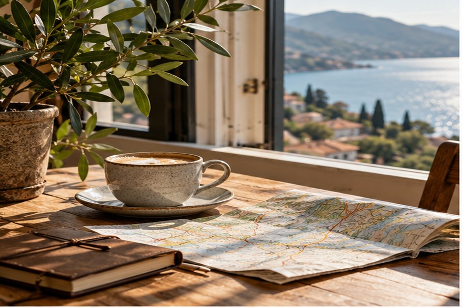 A travel journal, map and coffee arranged beside a sunny window overlooking a coastal landscape.