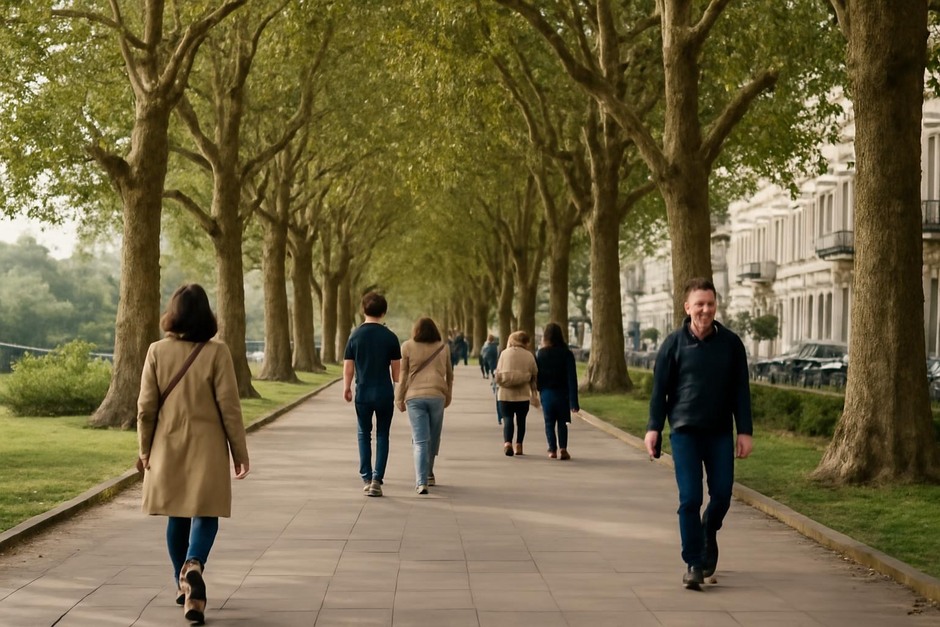 People strolling beneath plane trees on a wide city promenade